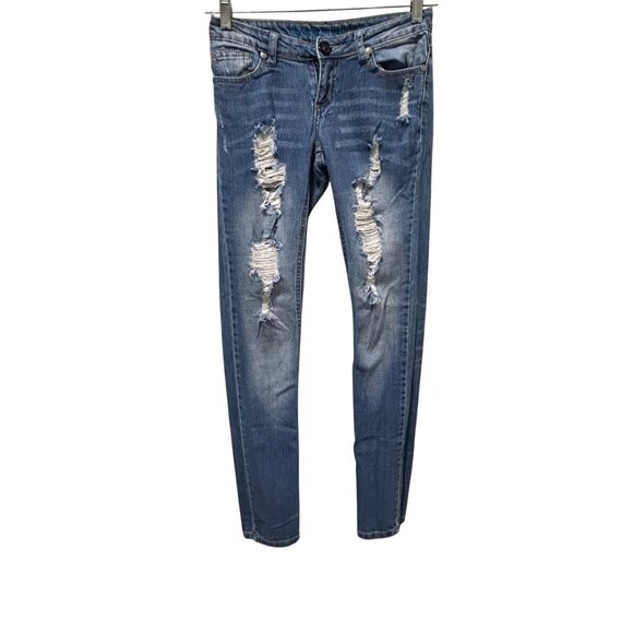 Ruby Blue Women's Distressed Skinny Jeans Size 1/2 Medium Wash Trendy Comfort - Picture 1 of 9